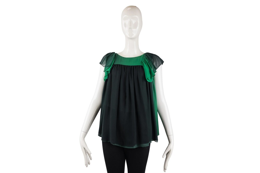 Stella McCartney Green Two-Tone Flutter Sleeve Babydoll Top Silk Size 38